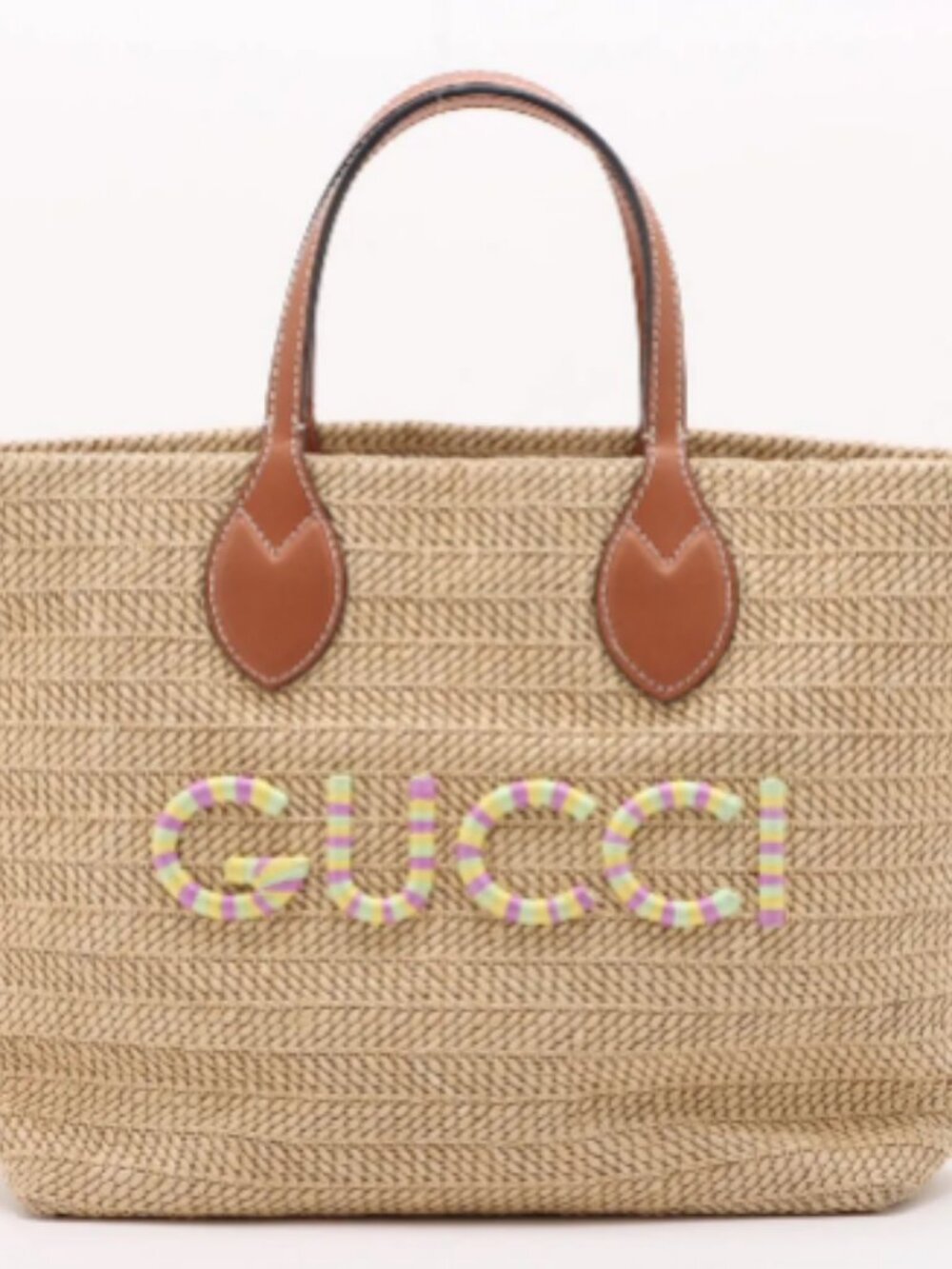 Gucci Patch Raffia x Leather Handbag Beige